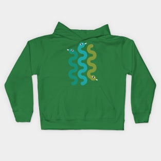 Squiggly Snakes on Teal Green – Retro 70s Wavy Snake Pattern Kids Hoodie